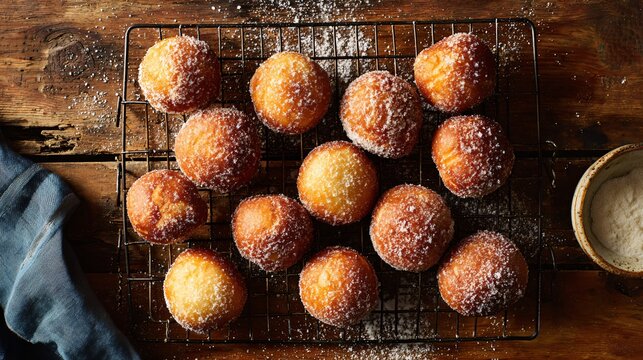 Rustic flat lay of freshly fried mochi donuts on cooling rack, warm oak table, soft shadows, farmhouse bakery atmosphere