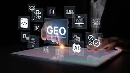 Fototapeta premium Digital marketing concept featuring GEO strategy, optimizing content for AI search engines and large language models. Evolution of SEO, brand authority, and AI citation visibility. Corpus