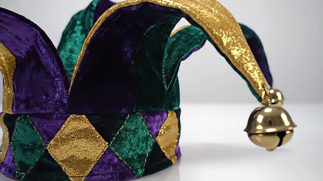 Colorful Mardi Gras Jester Hat with Bells on White Background