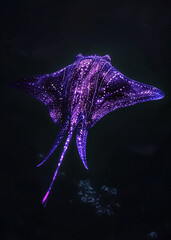 a large purple ray swimming in the dark ocean water with a white background on the right side of the