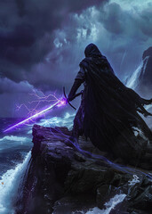 a hooded figure standing on a rocky cliffside wielding a purple sword during a stormy night with lig