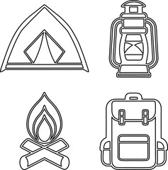 Essential camping and hiking gear icons displayed in a simple line art style