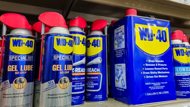 Various WD-40 branded maintenance products on a retail shelf. (Minneapilis, USA - Feb 25, 2026). For Editorial Use Only.