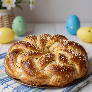 dark fantasy, greek tsoureki sweet holiday bread for easter and breakfast as the captivating backdrop