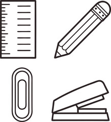 A collection of common school and office stationery items