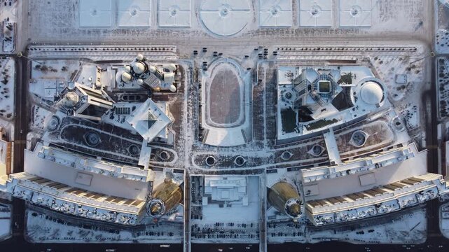 Drone flight above Astana city center with skyscrapers and Baiterek Tower. Capital of Kazakhstan, Qazaqstan