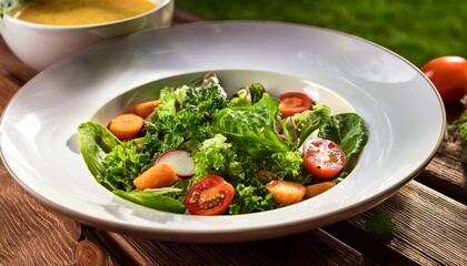 fresh garden salad with vegetable soup on a wooden table