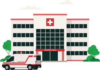 Hospital building with ambulance illustration © kabutlazuardi