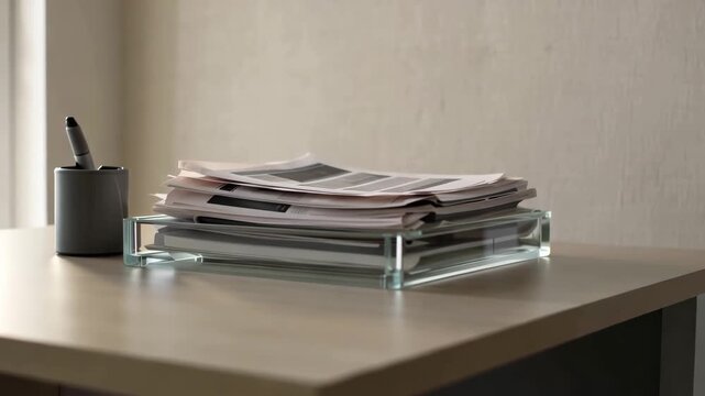 A stack of folded newspapers sits neatly on a modern, minimalist desk next to a dark pen holder, suggesting focus and information.