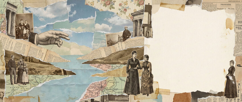 Creative vintage collage with retro photos maps and old newspapers