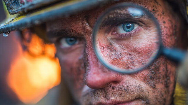A firefighter holding a maginifying glass on the fire scene. Concept of arson investigation.