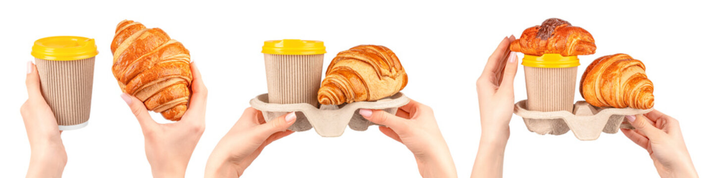 Woman holding croissant with takeaway coffee cup isolated on light background, minimal breakfast to go concept for branding use