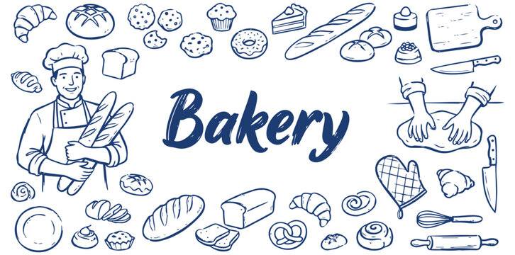 Bakery doodle pattern with bread cake pastry and kitchen elements illustration concept hand drawn vector illustration editable stroke outline high quality isolated on white background for bakery food 