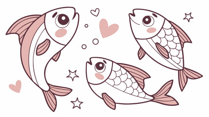 Three cute cartoon fish with hearts and bubbles in pastel style  