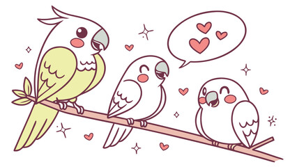 Colorful cartoon birds chatting and expressing love on a branch  