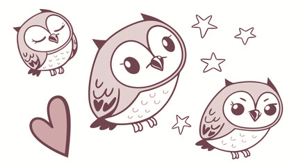 Cute cartoon owls with stars and heart in whimsical style  