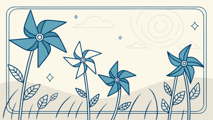 Blue pinwheels spinning in a grass field under a sunny sky  