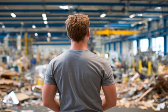 Worker Observing Chaos in Busy Manufacturing Factory from Back View