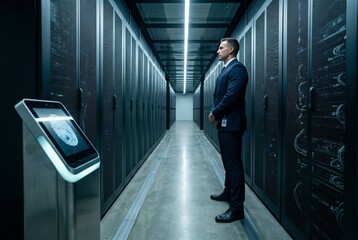 A high-resolution architectural interior photo captures a secure data center corridor featuring closed server racks behind perforated metal doors and a glowing biometric access pedestal with an