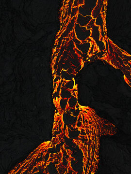 Aerial view of molten lava cascading down rugged, blackened terrain, creating a mesmerizing dance of fire and earth, Iceland.