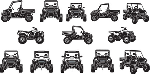 Black silhouette set of off road utility vehicles, UTV and ATV side by side, cad drawing flat vector illustration. © Creative_Solution
