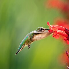 Fototapeta premium Hummingbird Feeding on a Red Flower