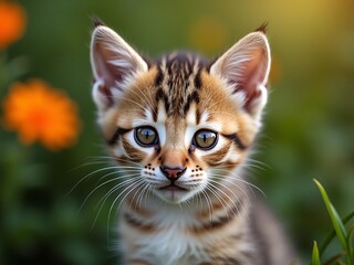 Fototapeta premium Adorable Bengal Kitten Sitting In Sunny Flower Garden
