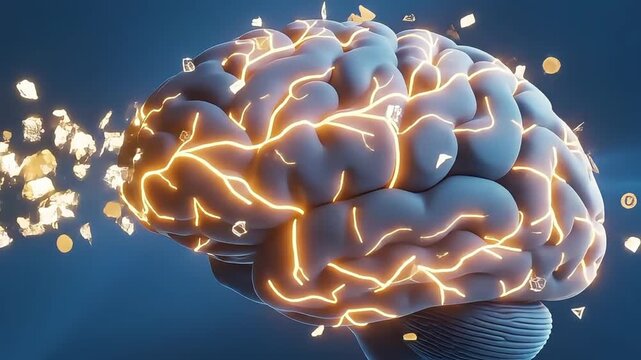 Conceptual human brain with glowing data shapes representing thoughts, ideas, and information processing in a scientific or technological context