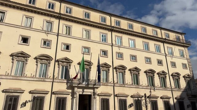 Palazzo Chigi in Rome Italy, Italian government headquarters in Piazza Colonna, historic political building facade in daylight 4K ProRes documentary footage