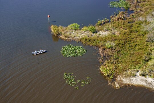 Aerial view of a boat sailing on the dark waters of Lake Okeechobee next to lush green aquatic vegetation, Lake Harbor, Florida, United States.