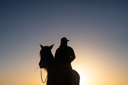 Silhouetted Cowboy On Mustang Against Morning Sky