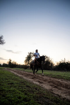 Cowboy Galloping Mustang On Sandy Path At Sunrise