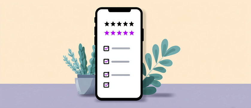 Celular com avalia&ccedil;&atilde;o em estrelas e lista de verifica&ccedil;&atilde;o, representando opini&atilde;o de clientes, feedback online, reputa&ccedil;&atilde;o digital e qualidade de atendimento.