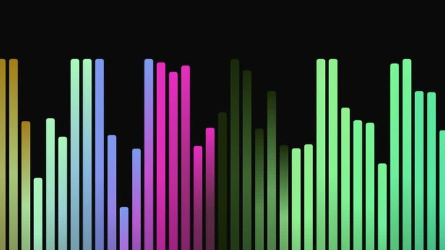 Dynamic digital sound wave equalizer bars in vibrant rainbow spectrum against a dark background, visualizing audio amplitude and rhythm.