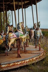 Abandoned Carousel Horses in Overgrown Field