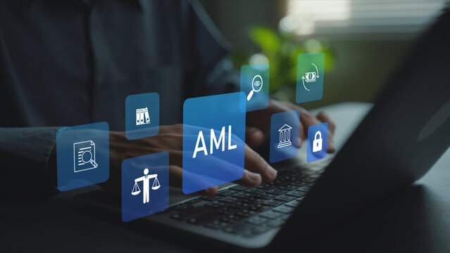 AML compliance concept. Person using laptop with transaction monitoring and fraud prevention icons, financial regulation, KYC process and risk management.