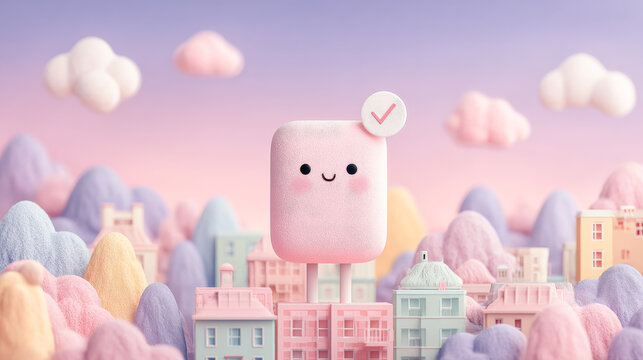 Cute pink character standing in pastel toy town
