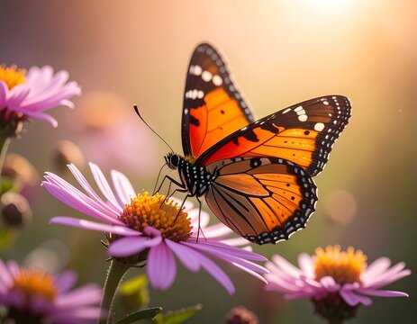 Bright orange butterfly drinks nectar from a pink daisy, sun backlights