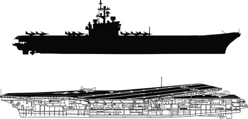 Aircraft carrier silhouette with detailed cross section view, military navy warship vector illustration isolated design © Itz Shojeb