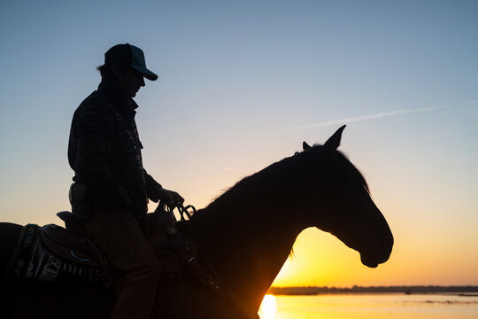 Silhouetted Cowboy On Mustang Against Morning Sky