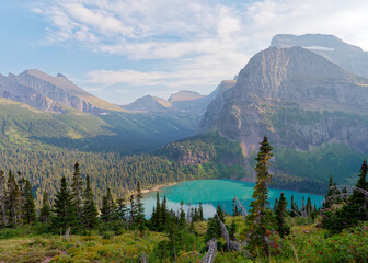 High angle view of Hidden Lake and Bearhat Mountain from overlook, Glacier National Park, Montana