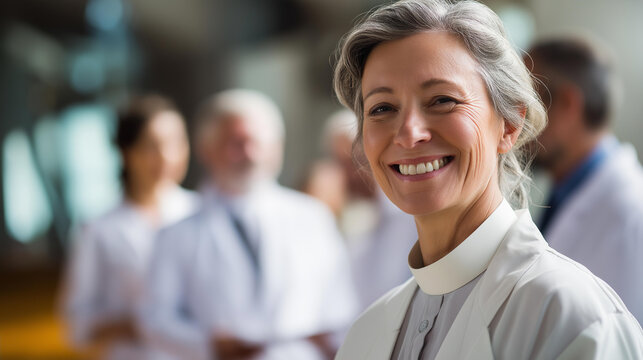 Faceless interfaith chaplain smiling while providing spiritual care to patients and families in healthcare facility, two colleagues standing in support, compassionate environment,