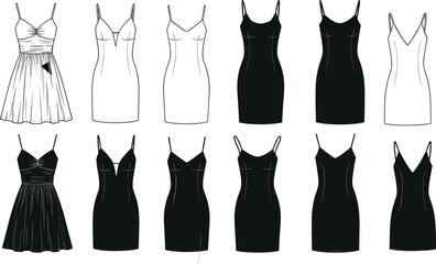 Technical fashion sketch set of women camisole dresses in various lengths and styles,