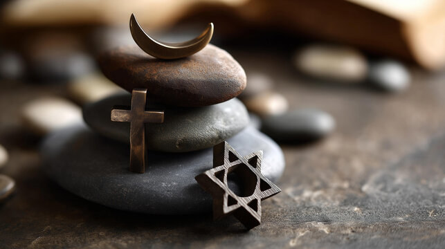 Interfaith symbolism showing various religious symbols including cross, crescent moon, six-pointed star, and sacred syllable neatly juxtaposed on stone table, creating harmonious