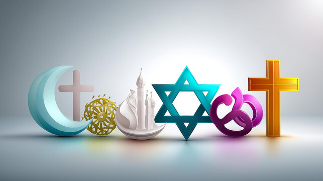 Symbols of major world religions including Islamic crescent, Jewish star, Catholic cross, Buddhist wheel and Christian symbols arranged harmoniously, World Interfaith Harmony Week