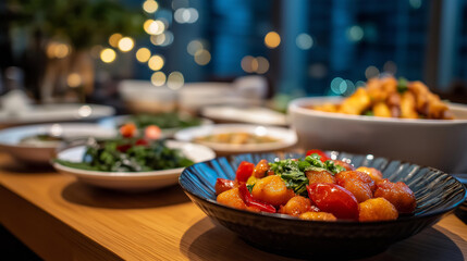 Modern and traditional faceless family coming together for meal in contemporary restaurant during fasting period, embodying cultural harmony and familial unity, interfaith family,