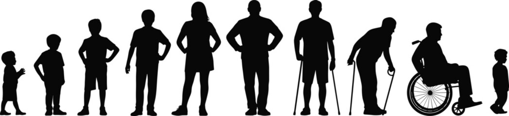 Black silhouette collection of people from childhood to old age including individuals with disabilities and canes for human aging social inclusion and diversity concepts.