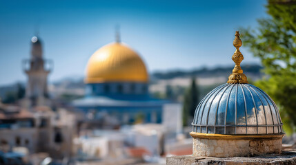 Obraz premium Silver dome of religious building and golden dome of historic site rising over old city, architectural religious harmony, Jerusalem skyline, sacred architecture, historic