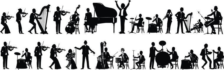 Black silhouette collection of professional orchestral musicians including violinists pianists and a conductor for classical music symphony performance entertainment and creative arts © PAMILA