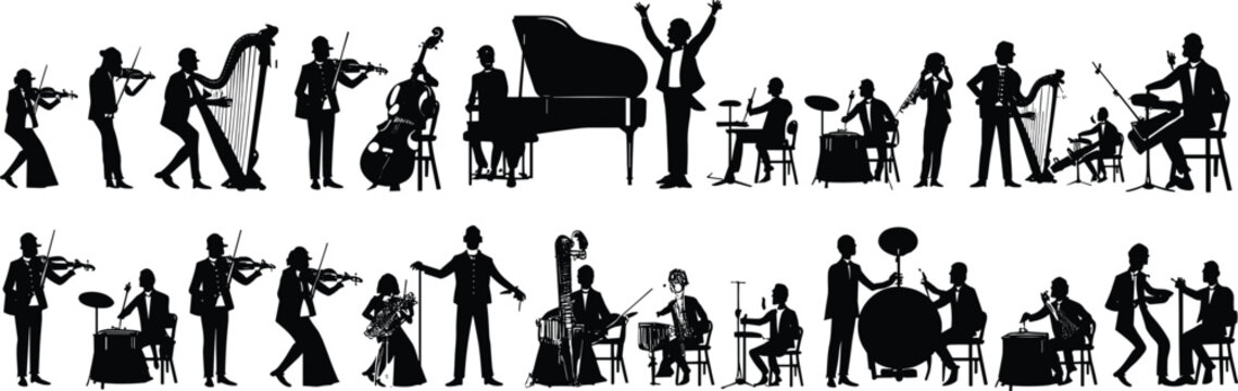 Black silhouette collection of professional orchestral musicians including violinists pianists and a conductor for classical music symphony performance entertainment and creative arts